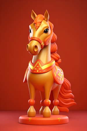 Horse statue on red background. 3D rendering, 3D illustration.の素材
