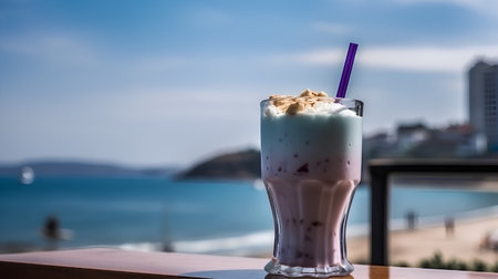 Milkshake with whipped cream in a glass on the background of the seaの素材