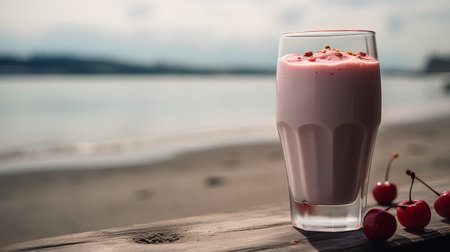 Milkshake with cherries on the background of the lake.の素材
