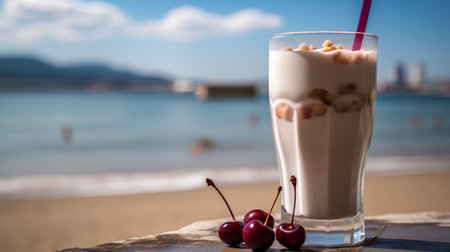 A glass of milkshake with yogurt and fresh cherries on the beachの素材