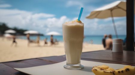 Banana smoothie with ice in glass on the beach, summer conceptの素材