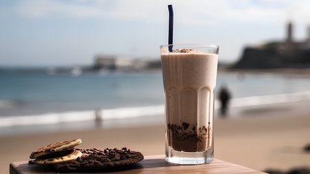 Glass of chocolate milkshake with cookies on the background of the seaの素材