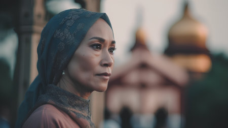 Beautiful asian muslim woman with headscarf in templeの素材