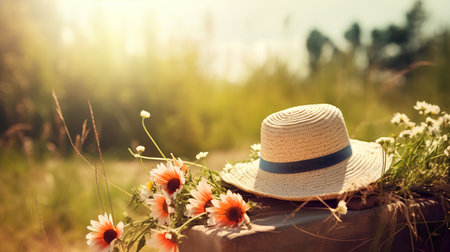 Summer hat on a wooden table with flowers in the meadow.の素材
