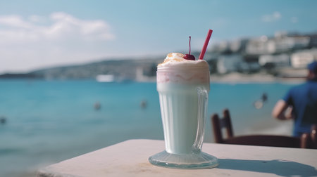 Milkshake with whipped cream on the background of the sea.の素材