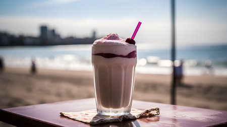 Milkshake in a glass on the beach. Selective focus.の素材