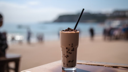 Iced chocolate with milk in a glass on the beach, Thailand.の素材