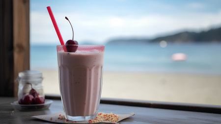 Milkshake with cherries on the background of the sea.の素材