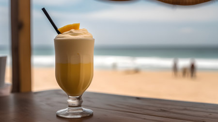 Creamy mango milkshake in a glass on the beachの素材