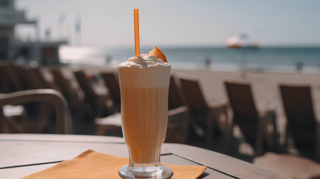 Iced coffee with whipped cream in a glass on the beach.の素材