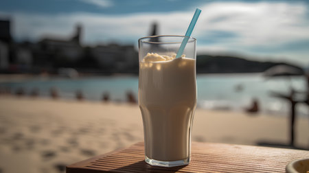 milkshake on the beach in the evening. Selective focusの素材