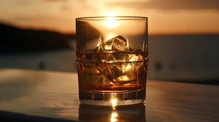 Glass of whiskey with ice on the beach at sunset. Selective focus.の素材