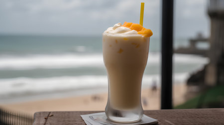 Mango smoothie with whipped cream and fresh mango on the beachの素材