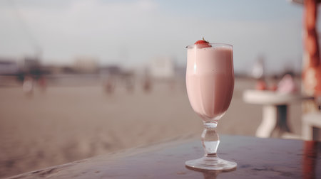 Strawberry smoothie in a glass on the background of the beachの素材
