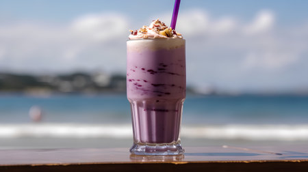 Blueberry smoothie on the beach with blue sea and sky backgroundの素材