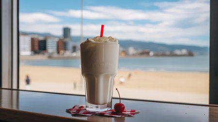 Milkshake in a glass with a red straw on a table on the background of the seaの素材