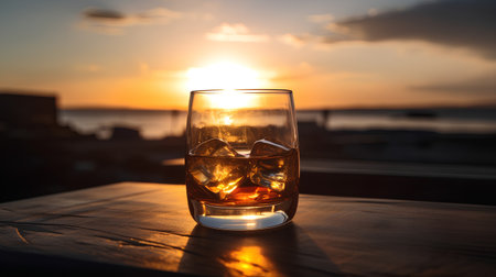 Glass of whiskey with ice cubes on a background of sunset. Selective focus.の素材