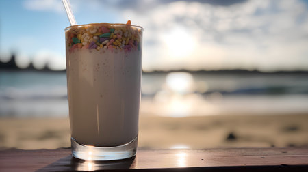 Milkshake with ice cream on the background of the sea and sunsetの素材
