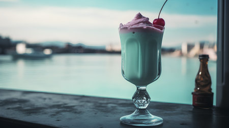 Milkshake with cherry on the edge of a swimming pool.の素材