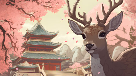 Beautiful cartoon deer in the park with Japanese temple in the backgroundの素材