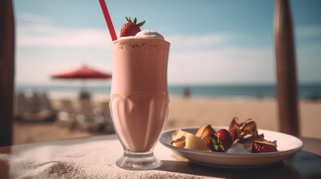 strawberry milkshake on the beach in the morning.の素材