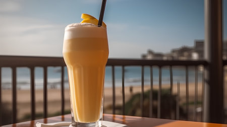 A glass of orange juice on the terrace of a resort hotelの素材