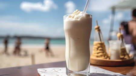 Coconut milk shake with whipped cream on the beach background.の素材