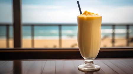 Mango smoothie in a tall glass on the background of the sea.の素材