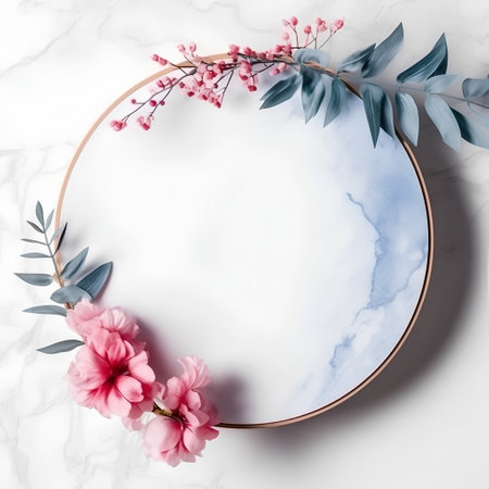 Round frame with pink flowers and eucalyptus branchesle backgroundの素材