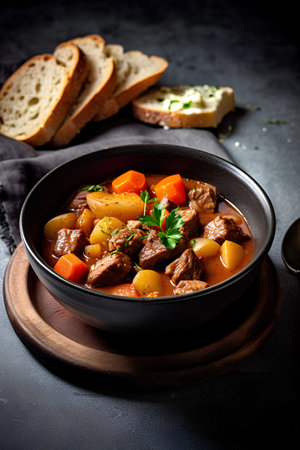 Beef stew with carrot and potato in bowl on dark background.の素材