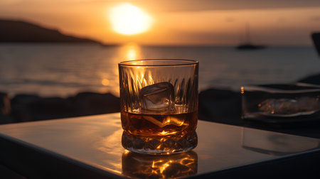 Glass of whiskey with ice on the background of the sea and sunset.の素材