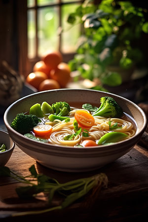 Bowl of noodle soup with vegetables on rustic wooden tableの素材