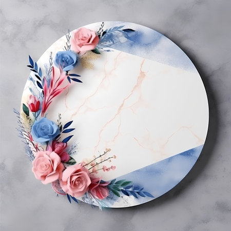 Circle frame with watercolor flowers on concrete background. Invitation cardの素材