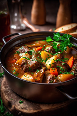 Beef Bourguignon stew with potatoes, carrots and parsleyの素材