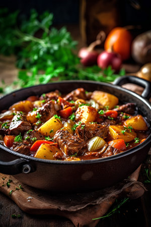 Beef stew with potatoes, carrots and onions in a frying pan.の素材