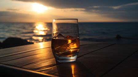 Glass of whiskey with ice on the background of the sea and sunsetの素材