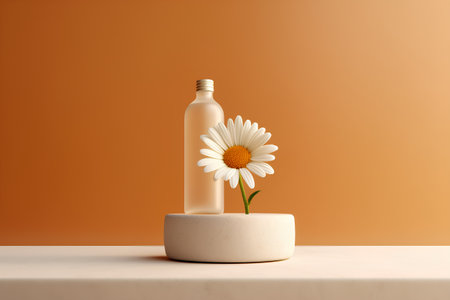 Cosmetic bottle with daisy flower on white table. 3d renderの素材