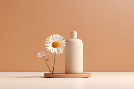 3d render of cosmetic bottle with chamomile flower on podiumの素材