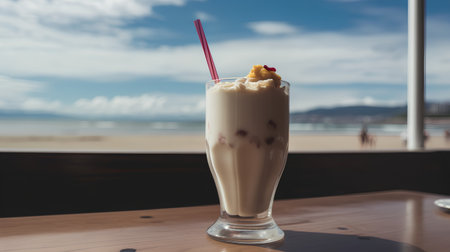 Milkshake in a glass on the beach. Selective focus.の素材