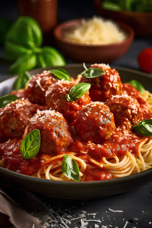 Spaghetti pasta with meatballs in tomato sauce. Italian cuisine.の素材