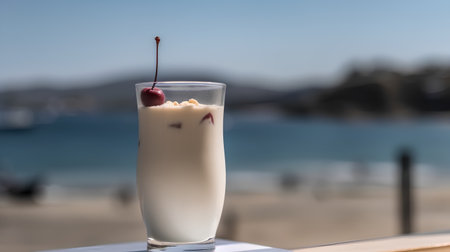Milk cocktail in a glass with cherry on the background of the seaの素材
