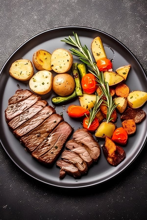 Grilled beef steak with baked potatoes and vegetables. Top view.の素材