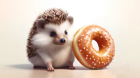 Hedgehog with donut on a white background. 3d renderの素材