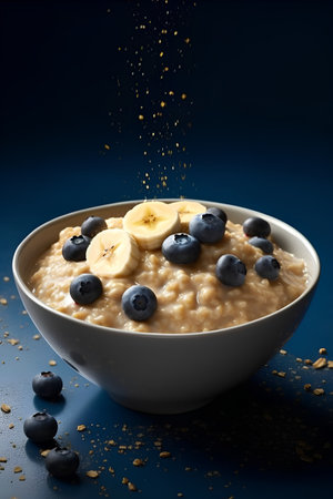 Bowl of oatmeal with blueberries and banana on blue backgroundの素材