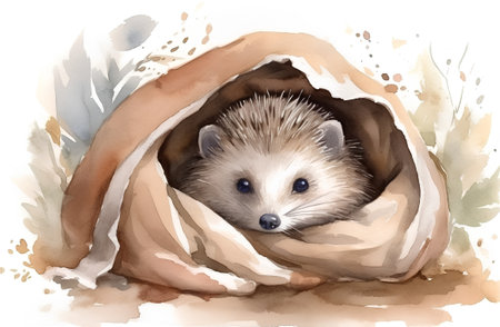 Watercolor portrait of a cute hedgehog in a sleeping bag.の素材