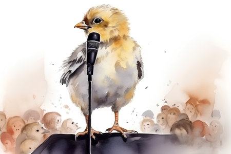 watercolor painting of a chicken with a microphone on a white backgroundの素材