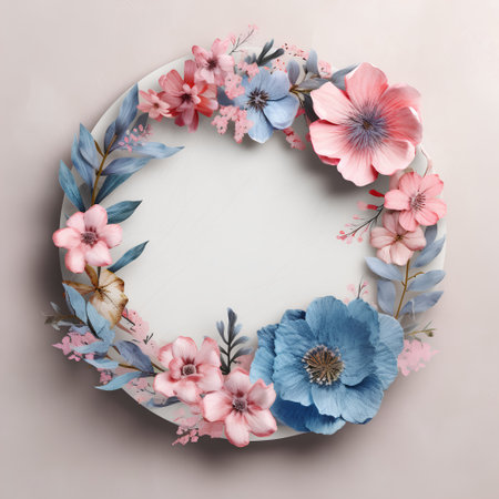 Round frame made of blue and pink flowers, branches and leaves on pastel backgroundの素材
