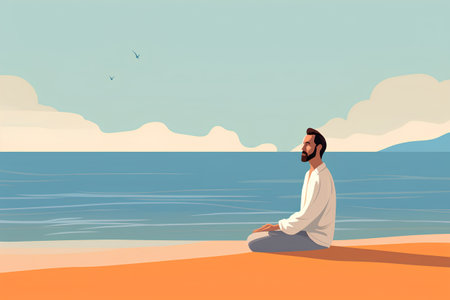 Man meditating on the beach. Vector illustration in cartoon style.の素材