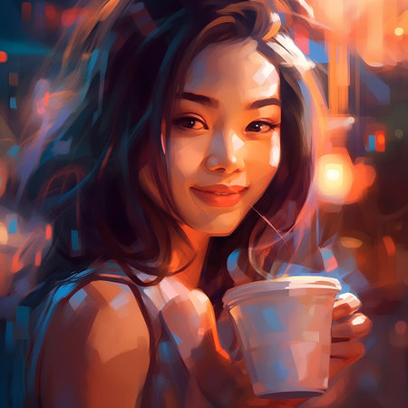 Beautiful girl with a cup of coffee in her hand. Digital painting.の素材