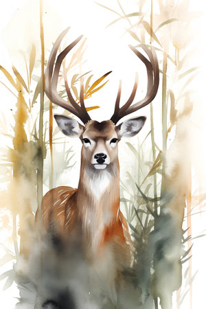 Watercolor illustration of a deer with antlers in the forest.の素材